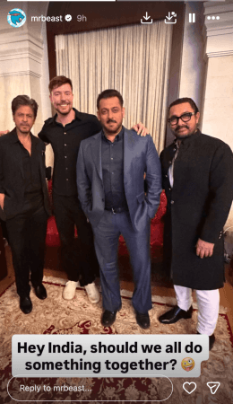 'Million Dollar Picture': Shah Rukh Khan, Salman, Aamir Khan pose with MrBeast; Internet can't keep calm 'Million Dollar Picture': Shah Rukh Khan, Salman, Aamir Khan pose with MrBeast; Internet can't keep calm
