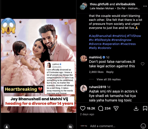 'I am officially divorced' : Mahhi Vij slams fake post amid divorce rumours with Jay Bhanushali, warns against 'false narratives', vows to take legal action 'I am officially divorced' : Mahhi Vij slams fake post amid divorce rumours with Jay Bhanushali, warns against 'false narratives', vows to take legal action