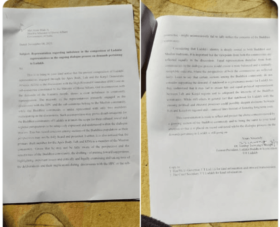Picture of letter written by former president of the Ladakh Buddhist Association (LBA), Dr. Tondup Tsewang Chhospa, to Union Home Minister Amit Shah. Letter