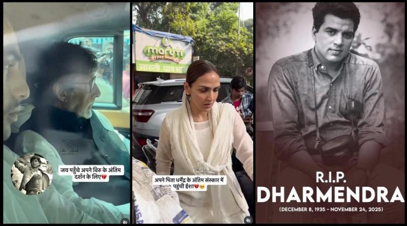 Hema Malini, Esha Deol, Amitabh -Abhishek Bachchan arrive at cremotorium amid Dharmendra's death reports