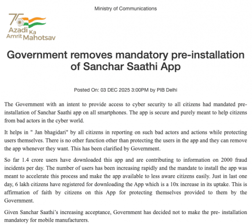 Govt removes order mandating pre-installation of Sanchar Saathi app as adoption surges