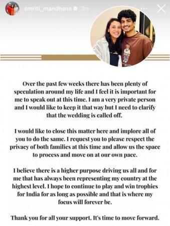Smriti Mandhana calls off wedding; Palash Muchhal decides to move on, warns of action against 'character assassination' online Smriti Mandhana calls off wedding; Palash Muchhal decides to move on, warns of action against 'character assassination' online