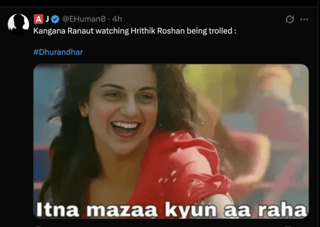 'Insta password with Saba Azad, Twitter password with Kangana Ranaut': Hrithik Roshan shares contrasting reviews on Dhurandhar; internet goes LOL 'Insta password with Saba Azad, Twitter password with Kangana Ranaut': Hrithik Roshan shares contrasting reviews on Dhurandhar; internet goes LOL