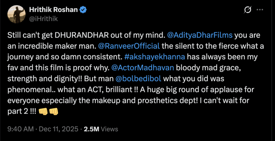 'Insta password with Saba Azad, Twitter password with Kangana Ranaut': Hrithik Roshan shares contrasting reviews on Dhurandhar; internet goes LOL 'Insta password with Saba Azad, Twitter password with Kangana Ranaut': Hrithik Roshan shares contrasting reviews on Dhurandhar; internet goes LOL