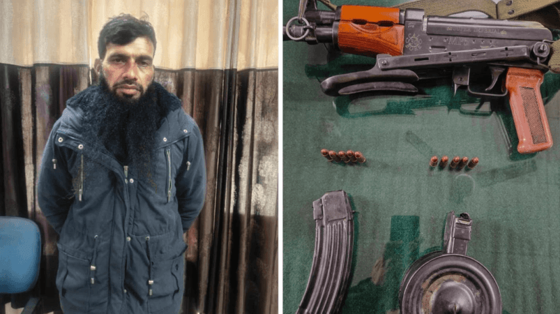 Arrested Pak-trained terrorist Abdul Khaliq with a German-made MP5 rifle. Arrested Pak trained terrorist