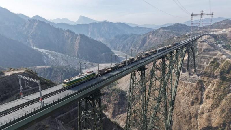 Special Military train crossing a bridge on Udhampur-Baramulla rail link Train
