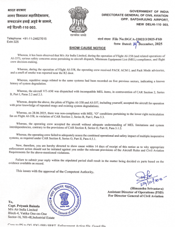 Aviation regulator issues notice to Air India crew over safety issues