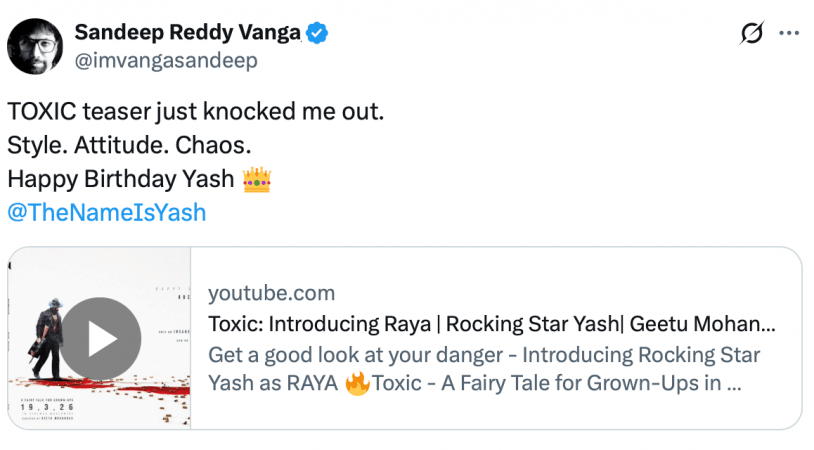 'Let's keep changing the game': Yash thanks Namit Malhotra, Sandeep Reddy Vanga and others for Toxic love