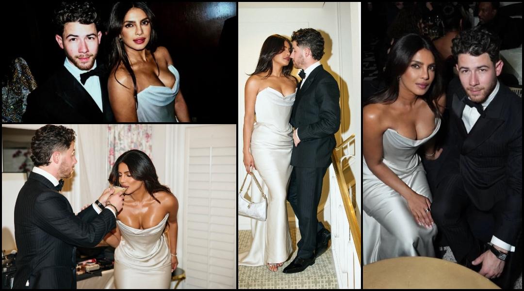 Priyanka Chopra–Nick Jonas get intimate; PeeCee's plunging neckline gown and bronzer makeup draw flak, fans say she looks dark