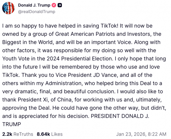 'Very dramatic, final, and beautiful conclusion', says Trump as TikTok clinches deal for new US joint venture 'Very dramatic, final, and beautiful conclusion', says Trump as TikTok clinches deal for new US joint venture