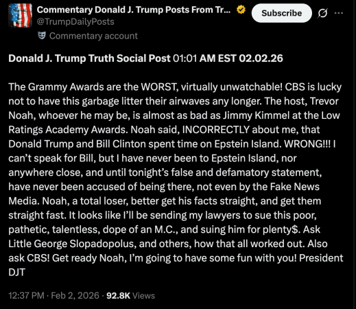'Grammy Awards are the worst!': Trump threatens lawsuit over Trevor Noah's on-stage jokes on Grammy night 'Grammy Awards are the worst!': Trump threatens lawsuit over Trevor Noah's on-stage jokes on Grammy night