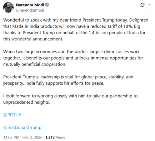 'Made in India' products will now have reduced tariff of 18 pc in US: PM Modi 'Made in India' products will now have reduced tariff of 18 pc in US: PM Modi