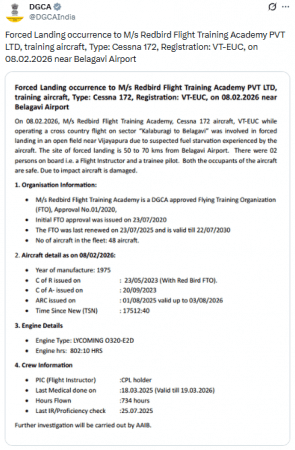 Redbird Aviation Cessna 172 crashes in Karnataka's Vijayapura, two pilots hospitalised