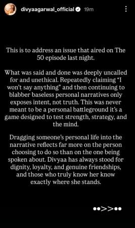 The 50: Divya Agarwal claps back at 'unethical, baseless narrative' after Bhavya Singh's 'pati se alag rehti hai' remark