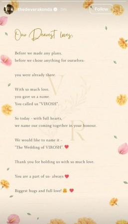 'Wedding of VIROSH': Rashmika Mandanna–Vijay Deverakonda make their relationship official ahead of wedding; pen special note for fans 'Wedding of VIROSH': Rashmika Mandanna–Vijay Deverakonda make their relationship official ahead of wedding; pen special note for fans