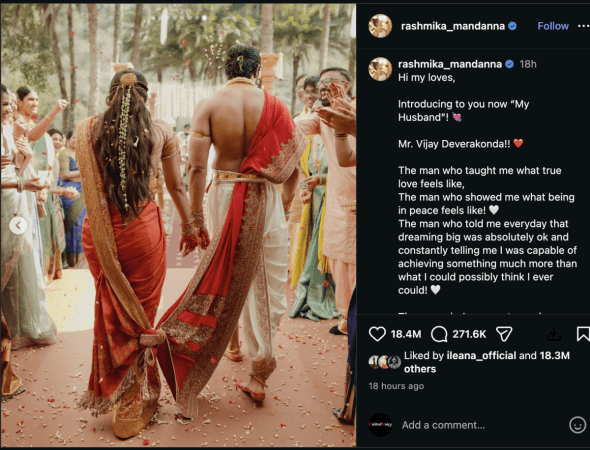 Vijay Deverakonda–Rashmika Mandanna wedding photos cross 18.4 million likes, surpassing Virat Kohli –Anushka Sharma's 3.4 million record Vijay Deverakonda–Rashmika Mandanna wedding photos cross 18.4 million likes, surpassing Virat Kohli –Anushka Sharma's 3.4 million record
