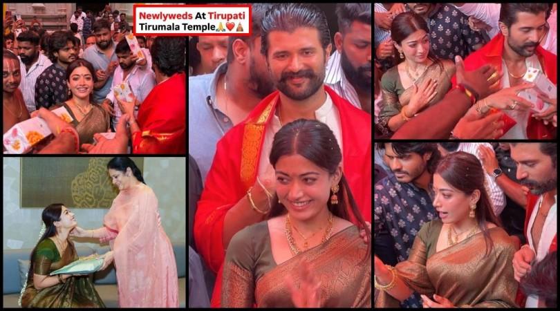 Vijay Deverakonda holds wife Rashmika Mandanna close at Tirupati darshan, treats fans to sweets; wedding reception strictly by invitation