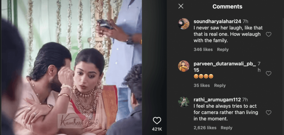 Rashmika blushes and gazes at Vijay during puja; jumps in joy while greeting village crowd; fans call it 'cringe overacting' Rashmika blushes and gazes at Vijay during puja; jumps in joy while greeting village crowd; fans call it 'cringe overacting'