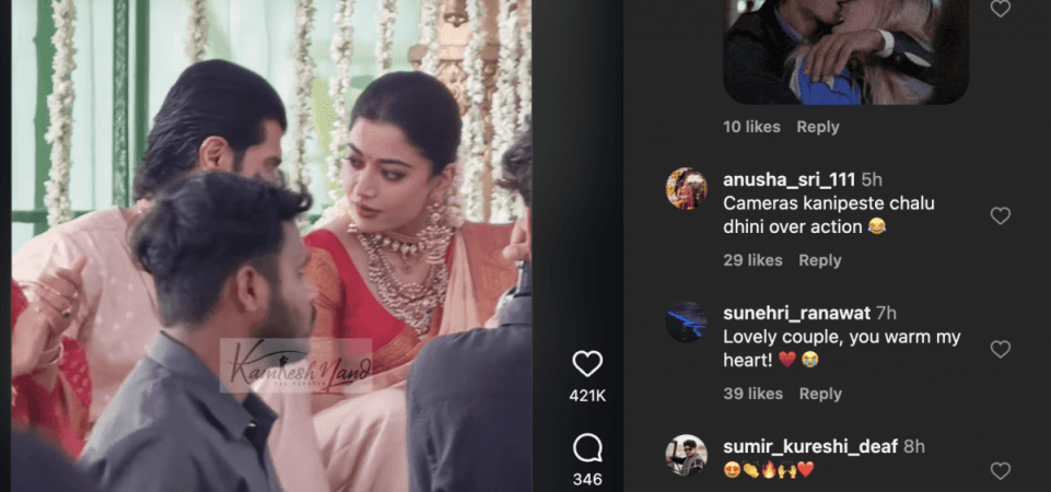 Rashmika blushes and gazes at Vijay during puja; jumps in joy while greeting village crowd; fans call it 'cringe overacting' Rashmika blushes and gazes at Vijay during puja; jumps in joy while greeting village crowd; fans call it 'cringe overacting'