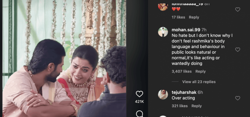 Rashmika blushes and gazes at Vijay during puja; jumps in joy while greeting village crowd; fans call it 'cringe overacting' Rashmika blushes and gazes at Vijay during puja; jumps in joy while greeting village crowd; fans call it 'cringe overacting'