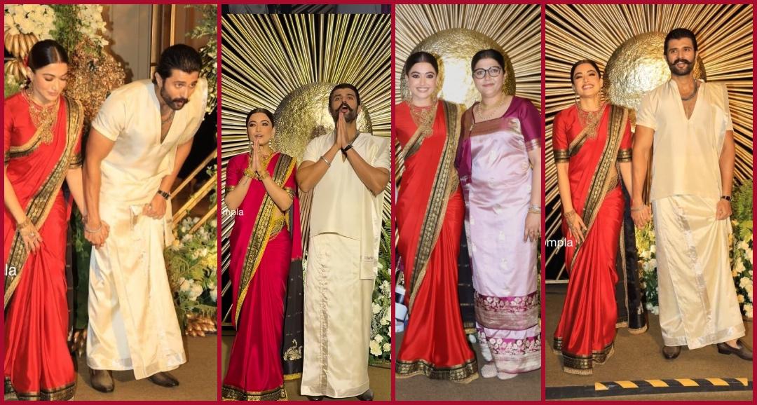 Rashmika Mandanna glows in red saree, flaunts sindoor and mangalsutra; Vijay Deverakonda shines in white vesti; couple walks hand-in-hand at Hyderabad reception