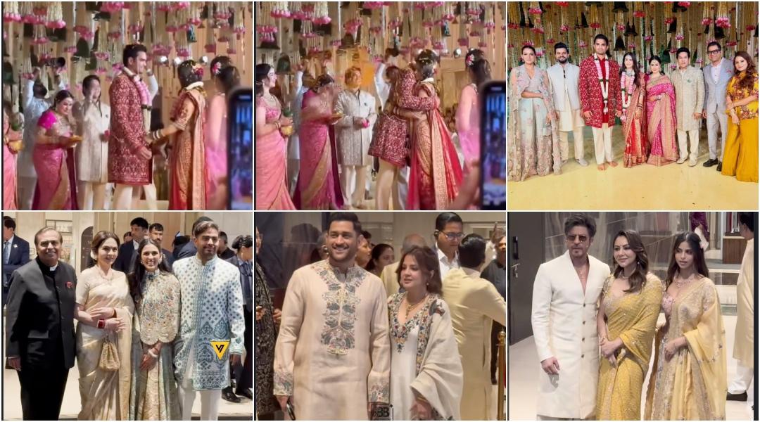 First wedding photo of Arjun Tendulkar–Saaniya Chandhok: couple twin in red bridal outfits; SRK, Gauri, Suhana, Mukesh Ambani–Nita, MS Dhoni–Sakshi bless the couple