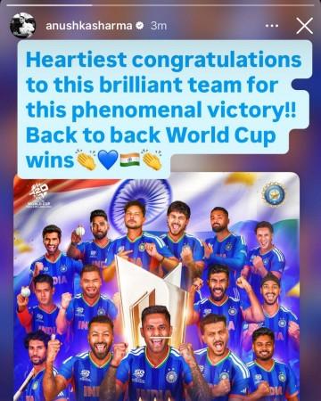 Bollywood celebrities, including Anushka Sharma, Ajay Devgn and Anil Kapoor, celebrated India's historic T20 World Cup victory on social media. Their posts reflected national pride as Team India beat New Zealand.