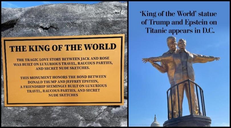 Statue depicting Donald Trump and Jeffrey Epstein in Titanic pose appears in Washington DC with 'Make America Safe Again' banners