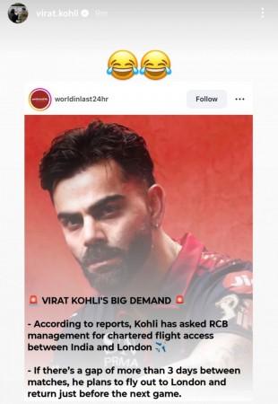 Kohli laughs off reports suggesting demands for 'chartered flight access' in IPL