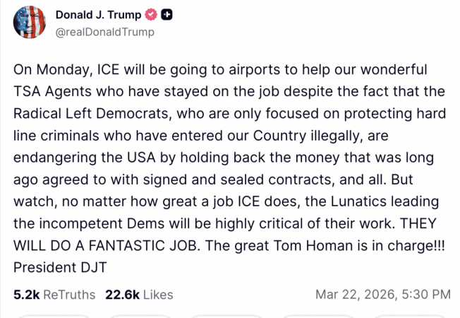 Amid US shutdown, Trump orders ICE deployment at airports to assist TSA