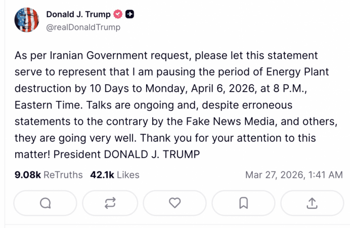 'Tehran Asked For 7 Days, I Gave 10': Donald Trump Extends Deadline On Iran Strikes To April 6; Says 'Talks Going Really Well' 'Tehran Asked For 7 Days, I Gave 10': Donald Trump Extends Deadline On Iran Strikes To April 6; Says 'Talks Going Really Well'