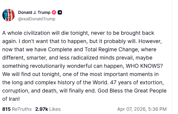 'A whole civilisation will die tonight': Donald Trump's stark warning ahead of Hormuz deadline