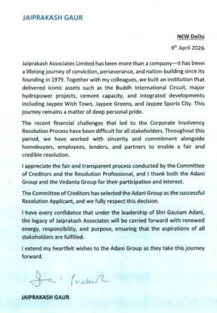 Jaiprakash Gaur expresses full confidence in Adani Group to take Jaiprakash Associates forward Jaiprakash Gaur expresses full confidence in Adani Group to take Jaiprakash Associates forward