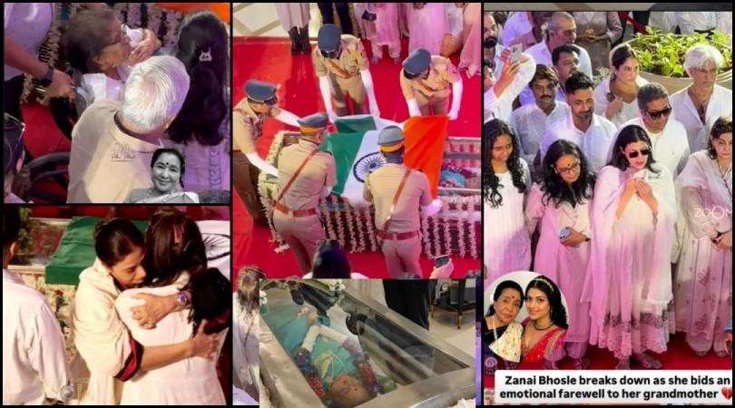 Mortal remains of Asha Bhosle wrapped in tricolour; her sister Meena Mangeshkar arrives in wheelchair, Zania Bhosle cries, Sachin-Anjali, Tabu console her Mortal remains of Asha Bhosle wrapped in tricolour; her sister Meena Mangeshkar arrives in wheelchair, Zania Bhosle cries, Sachin-Anjali, Tabu console her