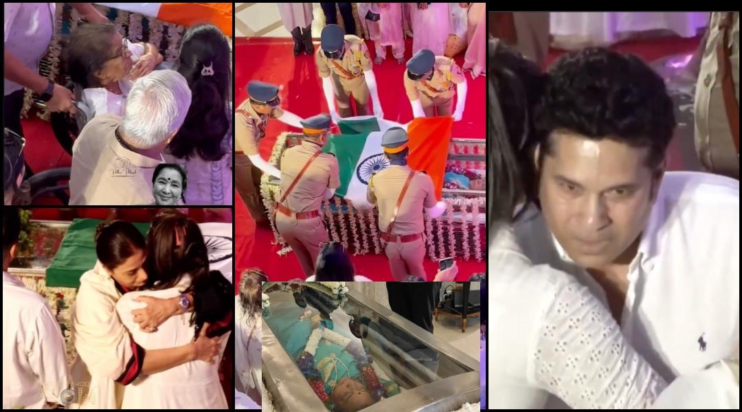 Asha Bhosle's body wrapped in tricolour; Sachin Tendulkar cries inconsolably, Tabu hugs Zania Bhosle as they pay last respects