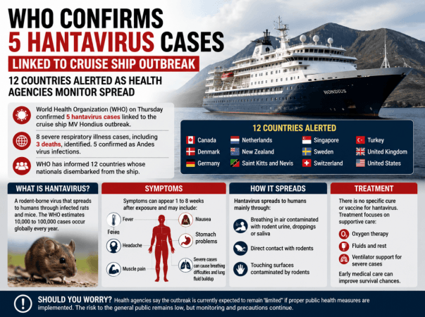 WHO confirms 5 hantavirus cases linked to cruise ship outbreak; 12 countries alerted; know about symptoms, spread and treatment