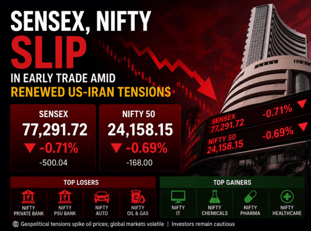 Sensex, Nifty slip in early trade amid renewed US-Iran tensions