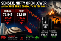 Sensex, Nifty open lower amid crude spike, geopolitical tensions