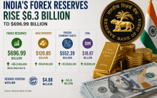 India's forex reserves jump $6.3 billion to $696.99 billion on surge in gold holdings