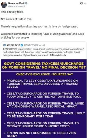 PM Modi refutes CNBC-TV18 report on govt considering levy on foreign travel