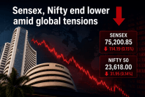 Sensex, Nifty end lower amid global tensions down arrow image
