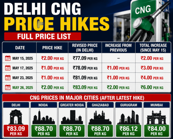 CNG prices hiked again! Rates hiked by ₹2 per kg, Delhi prices now stand at ₹83.09 CNG prices hiked again! Rates hiked by ₹2 per kg, Delhi prices now stand at ₹83.09