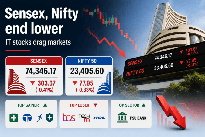 Sensex, Nifty end lower as IT stocks drag markets Sensex, Nifty end lower as IT stocks drag markets