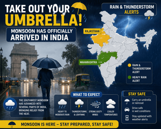 Take Out Your Umbrella: Monsoon Has Officially Arrived in India; Rajasthan, Maharashtra Among States Under Rain and Thunderstorm Alerts