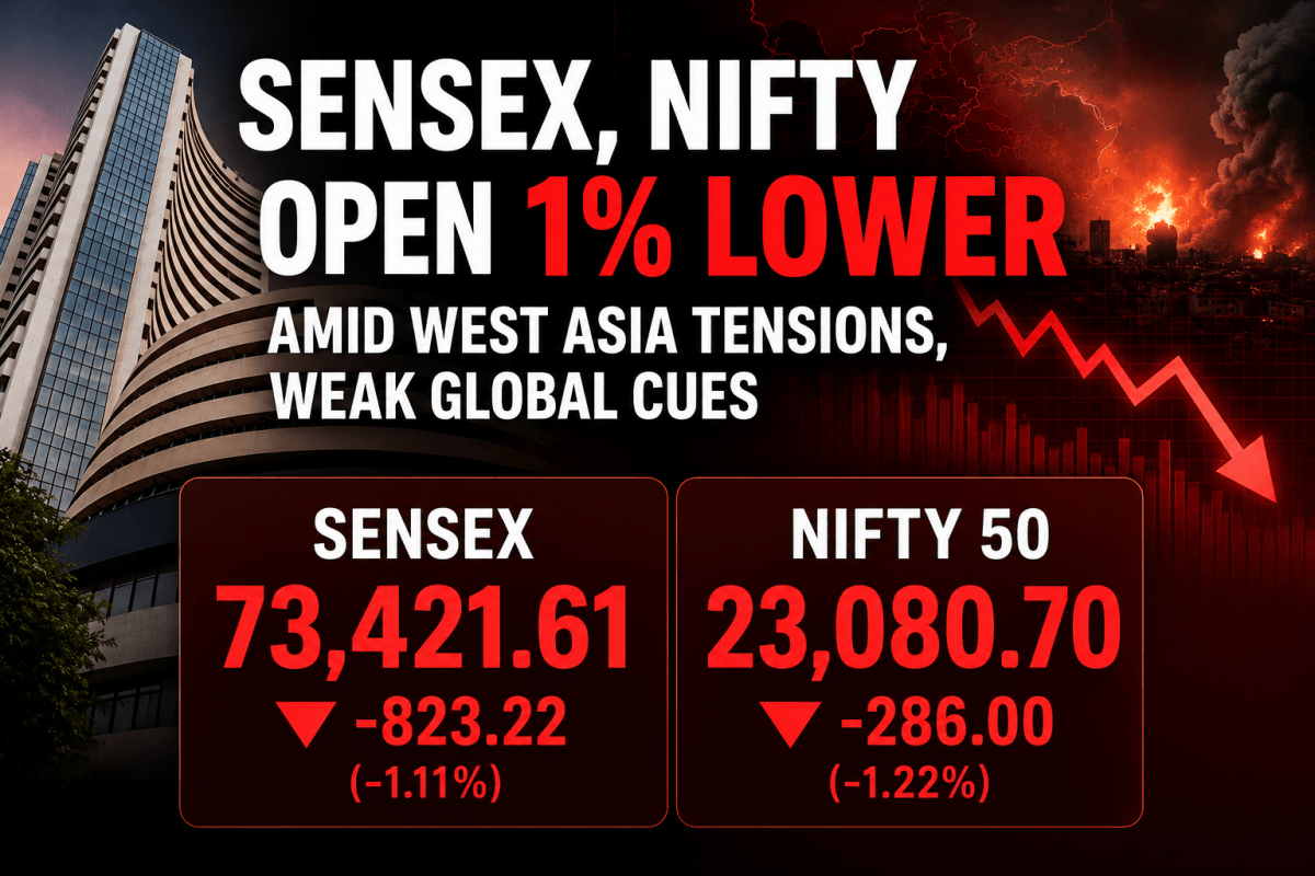 Sensex, Nifty open 1 pc lower amid West Asia tensions, weak global cues