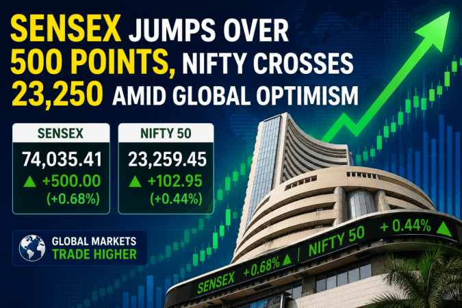 Sensex jumps over 500 points, Nifty crosses 23,250 amid global optimism Sensex jumps over 500 points, Nifty crosses 23,250 amid global optimism