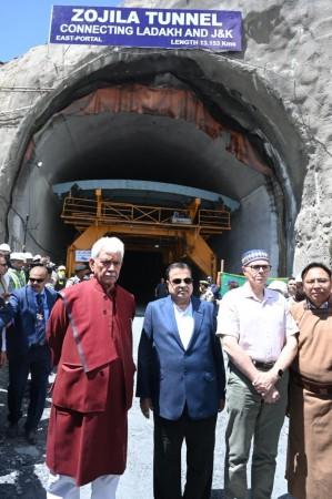 Union Minister Nitin Gadkari, J&K LG Manoj Sinha and Chief Minister Omar Abdullah outside Zojila tunnel Zojila tunnel