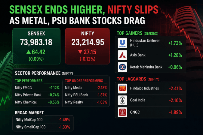 Nifty Closes Below 23,250; Sensex Rises as FMCG and Banking Stocks Offer Support Nifty Closes Below 23,250; Sensex Rises as FMCG and Banking Stocks Offer Support