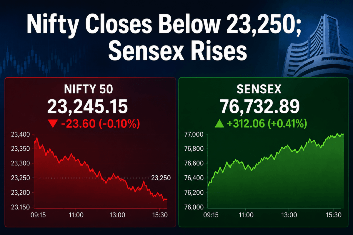 Nifty Closes Below 23,250; Sensex Rises as FMCG and Banking Stocks Offer Support