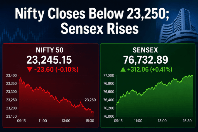 Nifty Closes Below 23,250; Sensex Rises as FMCG and Banking Stocks Offer Support